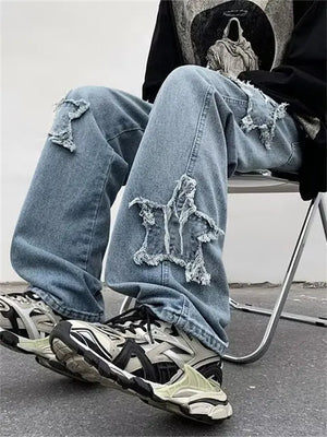 Stars Embroidery Brown Baggy Men Jeans