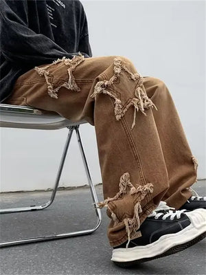 Stars Embroidery Brown Baggy Men Jeans