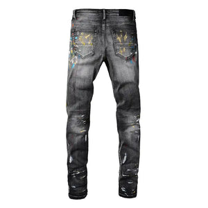 Men Speckle Ink Printed Vintage Pleated Ripped Jeans