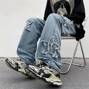 Stars Embroidery Brown Baggy Men Jeans