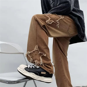 Stars Embroidery Brown Baggy Men Jeans